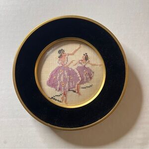 Vintage Cross Stitch Ballerinas Round Velvet Gold Convex Framed Wall Art
